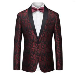 Men's Suits Jacquard Fabric Suit Jacket With Bow Tie Fashion Wedding Party Dress Coat Single Button Wine Red Gold Black Elegant Blazer