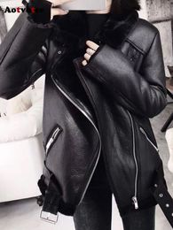 Women's Jackets Aotvotee Black Leather Jackets Women Autumn Winter Fashion Turn Down Collar Zipper Thicken Warm Long Sleeve Chic Jacket 230919