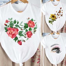 Womens Blouses Shirts Womens T Shirts Women Printing Floral Flower Heart Cartoon Ladies Streetwear Style Fashion Clothes Print Top Tshirt Female Graphic Tshirt L23