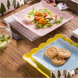 Dishes Plates European-Style Petal Edge Lace Embossed Butterfly Dinner Plate Square Dessert Dish Tableware Fruit Sushi Platedishes Dro Dhxma