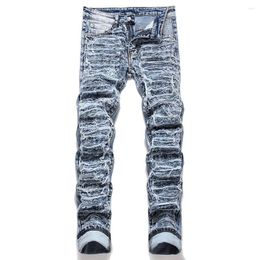 Men's Jeans Men Ripped Fringe Patches Denim Streetwear Patchwork Slim Straight Stretch Pants Blue Trousers