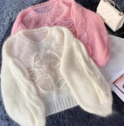 designer Vintage Womens Sweaters Korean Fashion Lantern Sleeve Soft Mohair O Neck Sweater Women Autumn Spring Knit Pullover Long Top Clothes