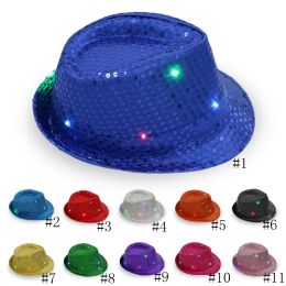 Top Jazz Hats Flashing Light Up Fedora Caps Sequin Cap Fancy Dress Dance Party Hats Unisex Hip-Hop Lamp Luminous Cap