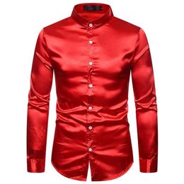 Men's Casual Shirts Red Silk Satin Dress Shirt Men 2021 Spring Autumn Long Sleeve Mens Wedding Button Down Business274s