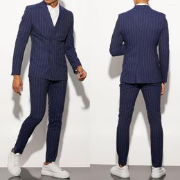 Men's Suits Navy Pinstripe Men Suit Tailor-Made 2 Pieces Blazer Pants Double Breasted Peaked Lapel Slim Tuxedo Wedding Groom Prom Tailored