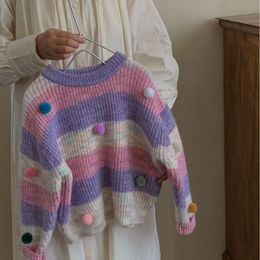 풀오버 한국 어린이 니트웨어 스웨터 2023 가을 겨울 아기 ​​소년 소녀 줄무늬 니트 탑 귀여운 어린이 점퍼 2 ~ 8 년 230918