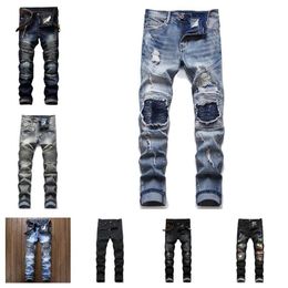 Men Badge Rips Stretch Black Jeans Men's Fashion Slim Fit Washed Motocycle Denim Pants Panelled Hip HOP Trousers184T