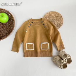 Pullover 2023 Höst i spädbarnsbarn pojkar full ärm färg blockering stickad topp tröja barn baby botten kläder 3y 230918