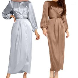 Women Arab Muslim Satin Puff Long Sleeve Maxi Dress Solid Color Wrap Front Self-Tie Abaya Dubai Turkey Hijab Robe Kaftan1221d