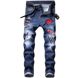 Mens Ripped Jeans Designer Slim Fit Hip Hop jeans Stretch Rose Embroidered Fashion Men Black Blue Denim Trousers3073