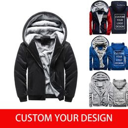 Hoodies masculinos diy logotipo personalizado imagem impressão zip up velo forrado moletom masculino inverno solto zíper jaqueta pesado quente casaco grosso