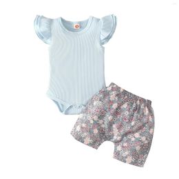Clothing Sets Infant Baby Girls 2 Pieces Outfits Solid Colour Knit Rib Round Neck Sleeve Rompers Floral Print Shorts Summer Set