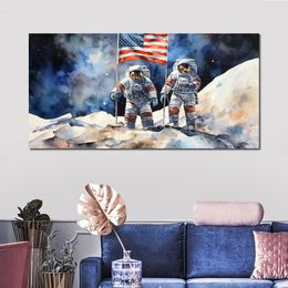 Poster Astronauts on the Moon Watercolor Style Picture Print on Canvas for Office Wall Decor