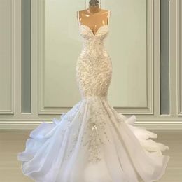 2022 African Spaghetti Strap Mermaid Wedding Gowns Beaded Embroidery Lace Wedding Dresses Sweep Train Organza Bridal Gown Formal R234n