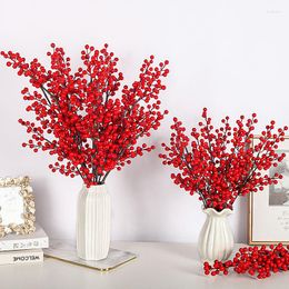 Decorative Flowers 10Pcs/Lot Christmas Red Berries Stems Ornament Fake Snow Pine Branch Cone Berry Holly Xmas Tree Decoration Supplies Home