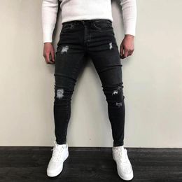 Men's Jeans European And American Denim Pants With Broken Holes Trend Black Slim Fit Streetwear Trousers Ripped