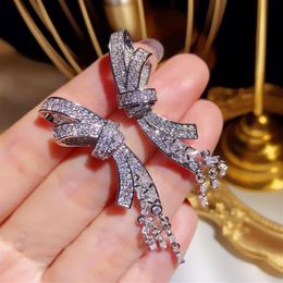 Luxury Shining Crystal Sweet Bowknot Designer Stud Earrings Long Tassel Dangle Pendant CZ Diamond Earring Ear Rings Party Wedding 182k