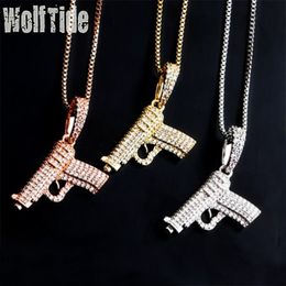 925 Sterling Silver Mens Womens Pistol Charm Pendant Necklace Gold Plated Iced Out Cubic Zirconia Bling Diamond Hiphop Jewelry Bijoux Gift for Guys Men and Women