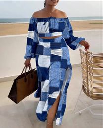 Two Piece Dress Autumn Elegant Two Piece Set Women Fashion Beach Style Print Slash Neck Top Split Skirt Two Piece Set Women 230918