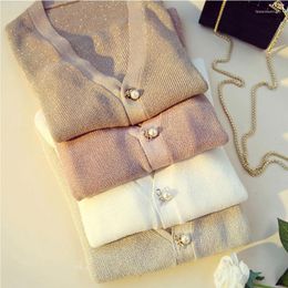 Women's Sweaters Pearl Buttons Glitter Vintage Long Sleeve Knitted Cardigan V-neck 2023 Korean Fashion Solid Coats Thin Top Casual Jacket