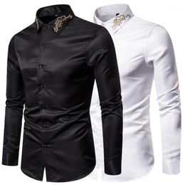 Mens Dress Shirts Mens Fashion Casual Slim Solid Long Sleeve Shirts High End Embroidery Business Formal Dress Size 2XL1263B