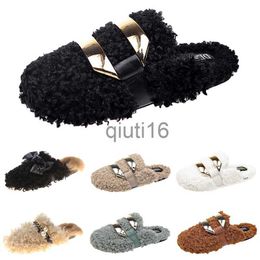 Slippers Winter Womens Metal Slippers Newly Autumn Chain All Inclusive Wool Slipper for Women Triple Black White Outer Wear Plus Big Szie Muller364 x0919