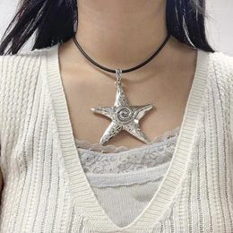 Pendant Necklaces Bohemian Silver Color Pentagram Star Necklace For Women Girls Vintage Leather Rope Sweater Chain Choker Jewelry Gift