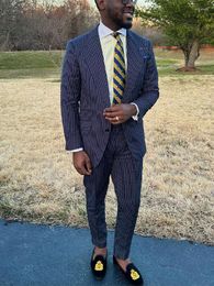 Men's Suits Navy Tailored 2 Pieces Blazer Pants One Button Peaked Lapel Pinstripes Slim Fit Wedding Groom Plus Size