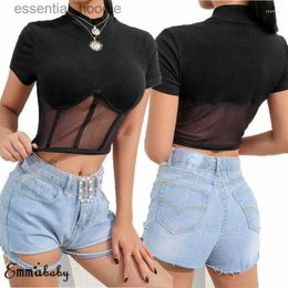 Women's Blouses Shirts Women's T Shirts Mesh T-Shirts Women Streetwear Cropped Top Short Sleeve Shirt Ladies Clubwear Skinny Slim Fit Tops L230919