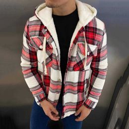 Men's Jackets Men's Plaid Fleece Hooded Jacket Winter Button Warm Loose Long Sleeve Jacket for Men Casual Jacket with Hood Streetwear 2022 T230919