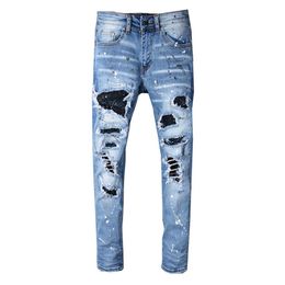 Men Jeans Brand Blue Elastic Destroyed Ripped Biker Jeans Men Patches Broken Pants Hip Hop Skinny Homme3022