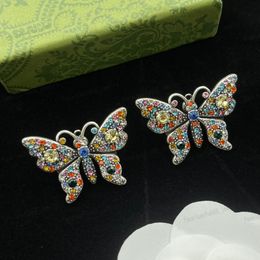 Silver stud earrings, Double Alphabet Colourful crystal butterfly stud earrings, fashion ladies designer jewelry, weddings, banquets, Christmas, gifts