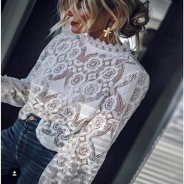 New design women's stand collar lantern style long sleeve perspective lace crochet floral loose plus size top blouse shirt253s