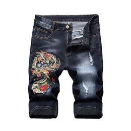 2020 Summer Men Ripped Denim Shorts Embroidery Dsitressed Short Jeans for Male Black Blue Casual Plaid Straight Regular Mid267F