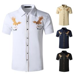 Denim Shirts For Men Western Cowboy Embroidered Short Sleeve Button Black White Shirt Men's Casual274L