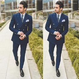 Men's Suits Navy Blue Men Tailor-Made 2 Pieces Blazer Pants Double Breasted Pinstripes Wide Lapel Business Wedding Plus Size Tailored