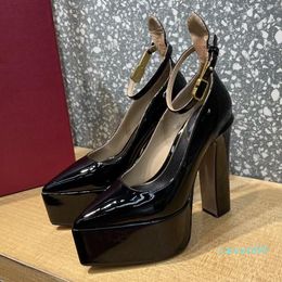 Dress Shoes Lady Pumps High Heeled Shoe Patent Leather Thick Heel Platform Pointy Toes