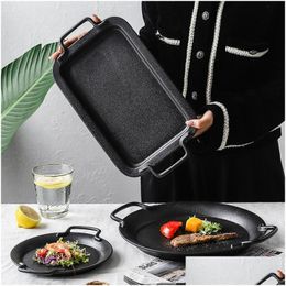 Dishes Plates Creative Ceramic Plate With Handle Square Round Black Binaural Baking Dinnerware Steak Soup Snack Drop Delivery Home Gar Dhckd