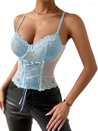 Women's Tanks Sheer Mesh Cami Tops Summer Spaghetti Strap Cross Tie-up Front Lace Bralette Corset Crop