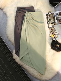 Skirts Syiwidii Pleated Slit For Women Elegant Lady Midi Skirt 2023 Spring Summer Korean Vintage Office Knee Length Green