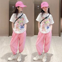 Clothing Sets Girls Summer Suit Korean Style Youth Teenage Girls Fashion Anime Print T-shirtsPants 2pcs Sets 4-14 Years Old Girls Clothes 230918