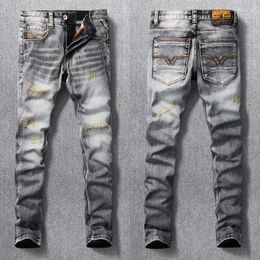 Men's Jeans Fashion Designer Men High Quality Retro Washed Gray Stretch Slim Ripped Embroidery Vintage Denim Pants