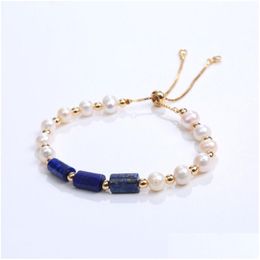 Charm Bracelets Natural Stone Aquamarine Pearl Loose Bead Bracelet Handmade Woven Adjustable Pillar Beaded Jewellery For Women Drop Deli Dhnku