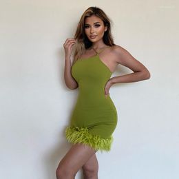 Skirts Women's Off Shoulder Sleeveless Bodycon Backless Dress Elegant Evening Party With Feather Spaghetti Strap Mini Dress2023