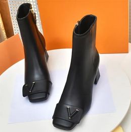 Women Ankle Boots Shake ankle bootClassic Prints Cowskin Leather Booties Designer Shake Boot 5.5CM Chunky Heels Square Toe Black Party Shoes