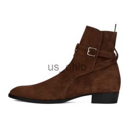 Boots genuine leather ankle strap buckled wedge chelsea Men denim cowboy boot retro pointed toe slim women shoes suede leather booties J230919