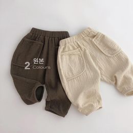 Брюки, летние детские повседневные штаны, хлопковые штаны из конопли, корейские штаны-карго для маленьких мальчиков и девочек, детская одежда 230918