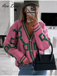 Women's Knits Tees s Aro Lora Women Knitted Cardigan V Neck Sweater Coat Pink Striped Button Vintage Cardigans Winter Loose Casual Jumper Tops 230918