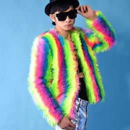 Men's Leather Faux Four Seasons man's fur coat Highend men rainbow Jackets Colour singer Loose hair Long sleeve Fashion Cool 230919