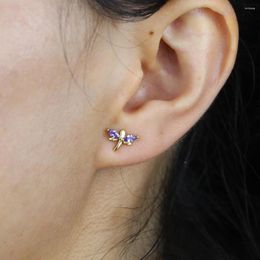 Stud Earrings Wholesale Korean 925 Sterling Silver Dragonfly Shape Gold Colour Tiny Purple Cz Birthday Jewellery Gift